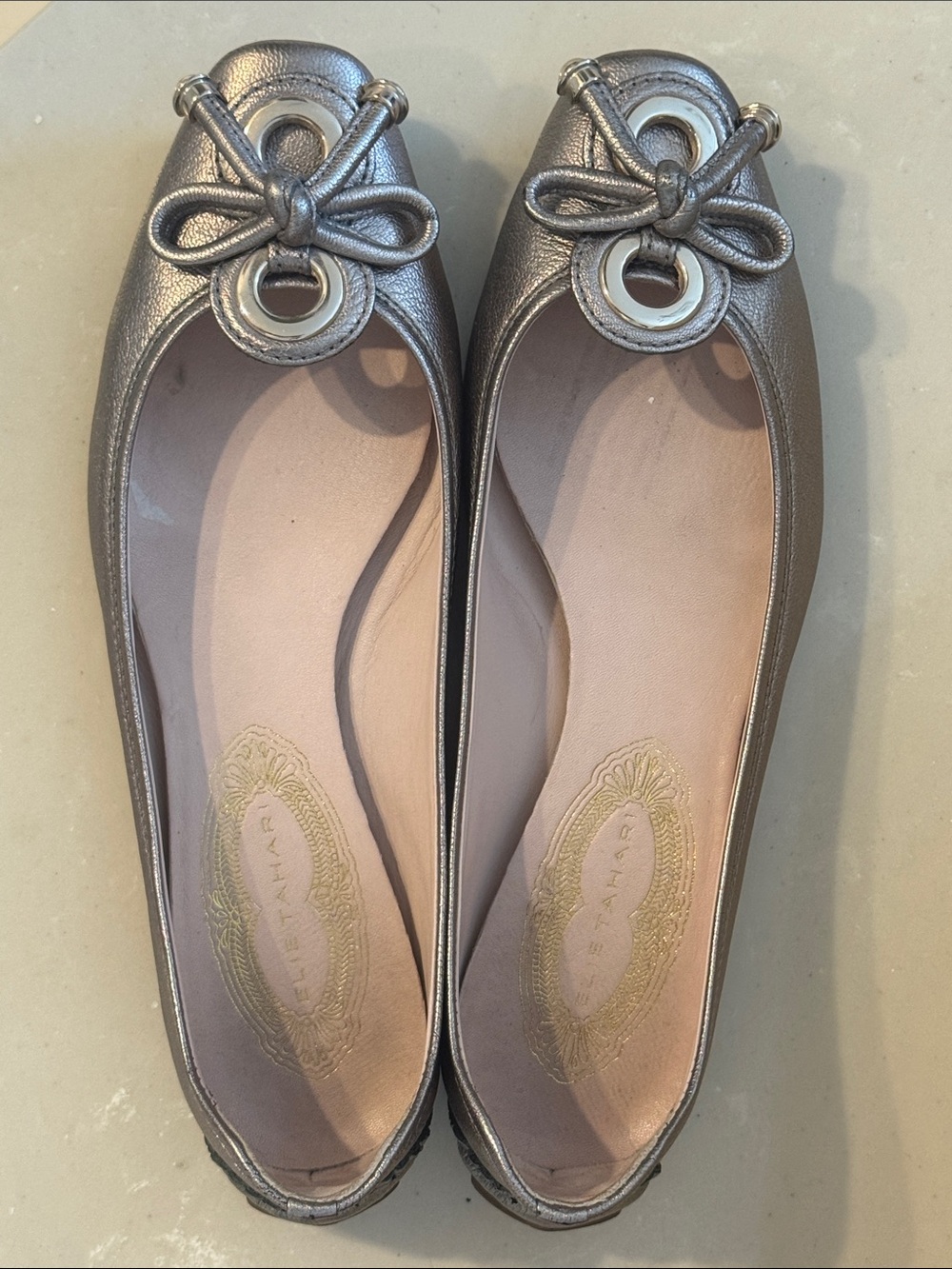 Elie Tahari Metallic Silver Bow-Accent Ballet Flat Size 8